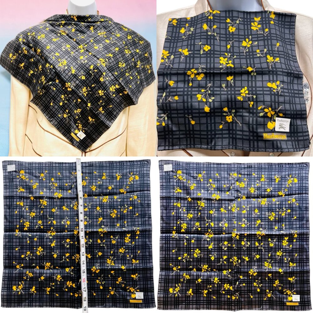 NewTagBurberrys Miniscarf/handker19.5" Cotton Silk Black Gray Yellow floral(15 - Picture 2 of 11